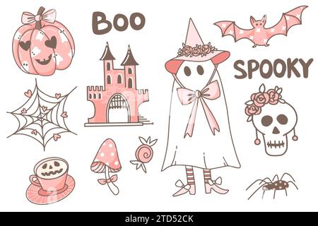 Joli ensemble rose halloween. Personnages flippants baby boo pour les enfants. Esprits effrayant magiques. Parfait pour les vacances, la décoration, les autocollants, les icônes. Banque D'Images