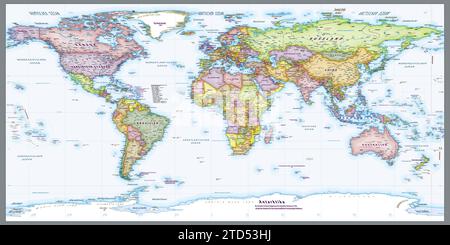 Carte du monde politique de langue allemande projection équirectangulaire Illustration de Vecteur