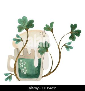 Une tasse en verre de bière verte avec de la mousse haute est enchevêtrée avec du trèfle shamrock. Bière. Symbole de l'Irlande. St Patrick's Day. Aquarelle isolée Banque D'Images