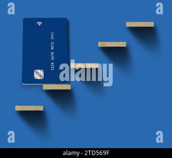 Une carte de crédit ou de débit générique dblue est visible sur une petite étagère qui fournit une zone de texte ou un espace de copie dans une illustration 3D. Banque D'Images