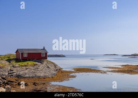 Un rorbu rouge classique solitaire, perché sur pilotis sur le rivage rocheux lisse, poli à la mer, de la mer du Nord dans les îles Lofoten, Norvège Banque D'Images