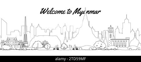 Myanmar célèbre point de repère dans la scène de paysage urbain silhouette style avant des tours, illustration vectorielle Illustration de Vecteur