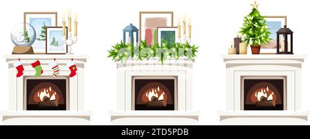 Cheminées de Noël. Ensemble de cheminées avec des décorations de Noël isolé sur un fond blanc. Illustration vectorielle Illustration de Vecteur