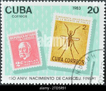 Timbre-poste annulé imprimé par Cuba, représentant Carlos J. Finlay (1833-1915), épidémiologiste, 150e anniversaire de la naissance de Carlos J. Finlay, Banque D'Images