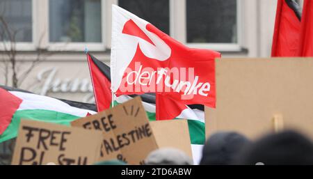 Pro-Palästina-Demonstration auf dem Heidi-Kabel-Platz am Hauptbahnhof Hamburg. An der stationären Kundgebung nahmen etwa 150 Teilnehmer teil. SIE protestierten gegen Israels Eingreifen im Gazastreifen gegen die Terrororganisatin Hamsa und forderten ein freies Palästina. Die Polizei war mit mehreren Mannschaftswagen und Beamten vor Ort. St. Georg Hamburg *** manifestation pro Palestine sur la place Heidi Kabel à la gare centrale de Hambourg environ 150 participants ont pris part au rassemblement stationnaire contre l'intervention israélienne dans la bande de Gaza contre l'organisation terroriste Hamsa an Banque D'Images