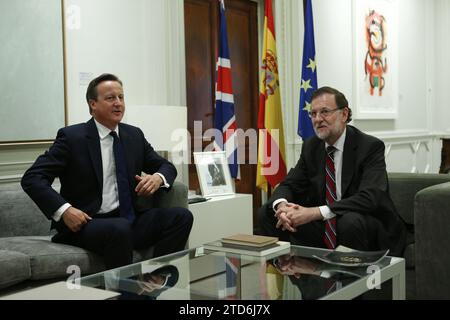 Madrid, 09/04/2015. Réunion de travail et conférence de presse ultérieure au Palais Moncloa du président Mariano Rajoy avec le Premier ministre britannique David Cameron. Photo : Jaime García ARCHDC. Crédit : Album / Archivo ABC / Jaime García Banque D'Images