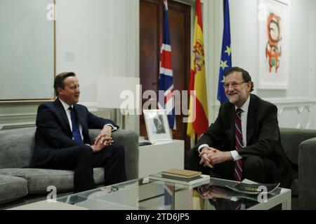 Madrid, 09/04/2015. Réunion de travail et conférence de presse ultérieure au Palais Moncloa du président Mariano Rajoy avec le Premier ministre britannique David Cameron. Photo : Jaime García ARCHDC. Crédit : Album / Archivo ABC / Jaime García Banque D'Images