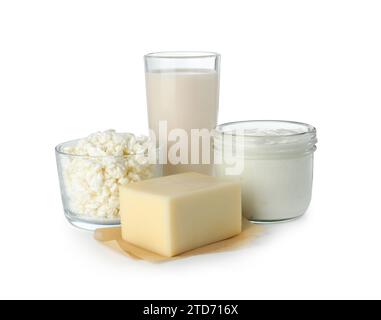 Différents produits sans lactose isolés sur blanc Banque D'Images