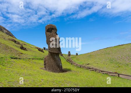Moai se dirige sur la pente de Rano Raraku sur l'île de Pâques (Rapa Nui), au Chili. Banque D'Images