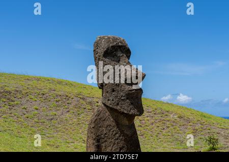 Moai se dirige sur la pente de Rano Raraku sur l'île de Pâques (Rapa Nui), au Chili. Banque D'Images