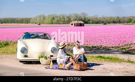 Couple sur un roadtrip aux pays-Bas avec une vieille voiture vintage, des hommes et une femme ayant un pique-nique avec sur le fond un champ de fleurs roses au printemps Banque D'Images