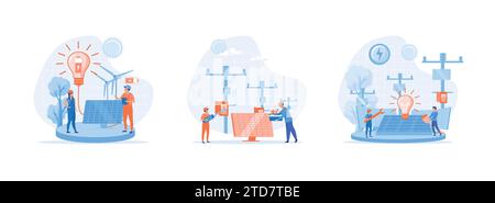 Installation de panneau d'énergie solaire, entretien de panneau ou d'éolienne avec l'équipe de service à domicile pour l'exploitation du réseau d'électricité, énergie renouvelable. Solaire e Illustration de Vecteur