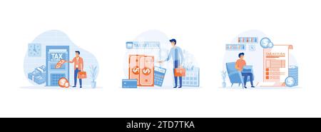 Concept de déclaration d'impôt, concept de déclaration d'impôt, homme d'affaires réussi, personnage d'homme d'affaires assis à Workplace Desk. Déclaration fiscale Set vecteur plat moderne Illustration de Vecteur
