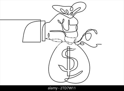 Main tenant un sac d'argent avec dollar sign.Vector ligne continue. Illustration de Vecteur