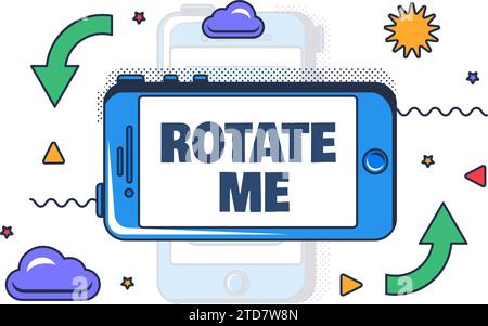 Fais-moi pivoter. Concept de tournage pour smartphone. Instructions visuelles pour l'utilisation dynamique de votre téléphone mobile pour la rotation de l'écran en position horizontale. Dessin animé o Illustration de Vecteur