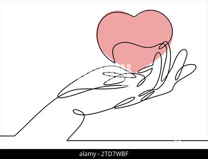 Un dessin en ligne continu de la main tenant le coeur. Illustration de Vecteur