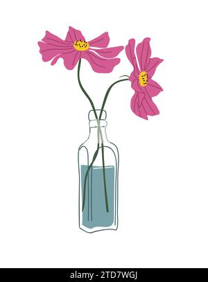 Deux fleurs roses Cosmos dans l'art vectoriel de bouteille en verre Illustration de Vecteur