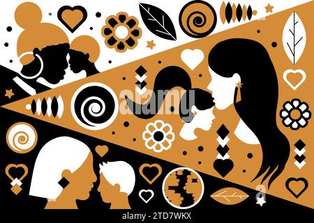 Affiche Motherly Love dans des couleurs Boho avec profil de visage de silhouette abstraite de mère aimante et enfant de familles de nationalités différentes. Modèle pour Illustration de Vecteur