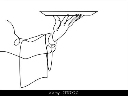 Plateau à servir à la main de la nourriture - dessin au trait continu Illustration de Vecteur