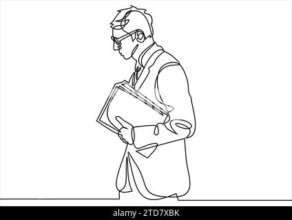 Homme d'affaires debout avec un dossier dans ses mains. Concept commercial. Dessin au trait continu. Illustration de Vecteur