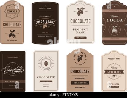 Etiquette cacao. Emblèmes de chocolat classiques avec des fèves de cacao, ensemble de vecteurs de modèle de conception de marque de produits artisanaux Illustration de Vecteur