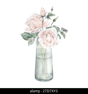 Composition d'aquarelle à partir de roses de couleur fuzz de pêche et de feuilles vertes dans un bocal en verre. Illustration dessinée à la main fond isolé. Elément peint à la main Banque D'Images