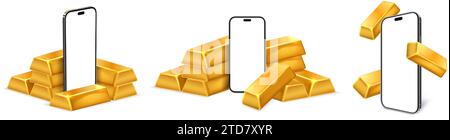 Maquette de smartphone avec lingots d'or. Modèle d'application de téléphone mobile de finance premium avec l'or bancaire et l'ensemble d'illustrations vectorielles d'écran de téléphone portable vide Illustration de Vecteur