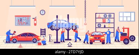 Service de réparation automobile. Mécaniciens qualifiés d'atelier automobile à service complet, garage professionnel d'entretien de véhicules et illustration vectorielle de soins Illustration de Vecteur
