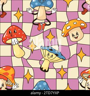 Trippy cartoon mushroom pattern. Psychedelic groovy fungi dancing on checkerboard seamless whimsical grid vector background illustration Illustration de Vecteur