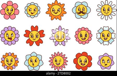 Visages de fleurs de dessins animés. Heureux caractères floraux souriants avec diverses expressions faciales, visage mignon avec pétales de fleurs ensemble vecteur Illustration de Vecteur
