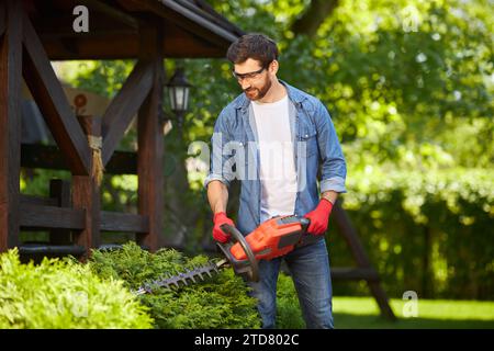 Jardinier aux cheveux foncés taillant un buisson de conifères vert envahi par des coupe-haies électriques en été. Vue de face du bel homme coupant thuja dans le jardin, W Banque D'Images