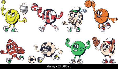 Mascotte de ballon de sport de dessin animé. Personnages d'équipements sportifs pour le tennis, le basket-ball, le golf, le volley-ball, le bowling, jeu de vecteurs de conception de football et de football Illustration de Vecteur