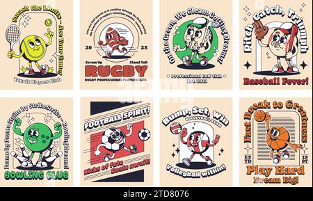 Affiches sportives de dessins animés. Autocollant de carte de boule de jeu rétro avec personnage mascotte des années 1930 et slogans. Ensemble de vecteurs de bannières pour amateurs de sport Illustration de Vecteur