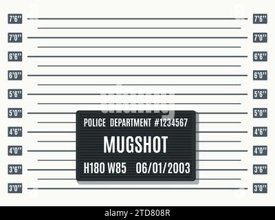 Modèle photo Mugshot. Application de la loi, modèle de toile de fond de photographie de réservation de prison avec tableau de mesure de la hauteur et affiche noire du département de police Illustration de Vecteur