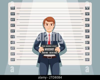 Homme d'affaires arrêté Mugshot. Criminalité d'entreprise, problèmes juridiques professionnels et risques commerciaux. Illustration vectorielle d'instantané de prison politicien Illustration de Vecteur