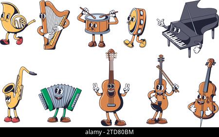 Mascottes d'instruments de musique de dessin animé. Personnages de musique ludiques dans le style de tuyau en caoutchouc des années 1930. Jeu d'illustrations vectorielles de concept rétro Illustration de Vecteur