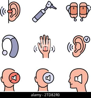 Icônes d'aide auditive définies. Booster de volume pour oreilles, pour sourds vieux et jeunes. Recherche auditive. Pour une meilleure audition, collection d'icônes de couleur. Illustration de Vecteur