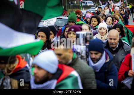 Leiden, pays-Bas. 17 décembre 2023. LEIDEN - participants lors d'une marche pour Gaza. La Nakba Loop emmène les participants de Leiden à la Cour pénale internationale à la Haye. Avec la marche, les organisateurs veulent montrer leur solidarité avec les Palestiniens de la bande de Gaza. ANP RAMON VAN flymen netherlands Out - belgique Out Credit : ANP/Alamy Live News Banque D'Images