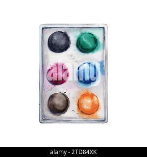 Ensemble de six peintures à l'aquarelle dans une boîte blanche. Elément dessiné à la main. Illustration aquarelle isolée sur fond blanc. Collection Art World Day Banque D'Images