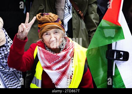 Leiden, pays-Bas. 17 décembre 2023. LEIDEN - participants lors d'une marche pour Gaza. La Nakba Loop emmène les participants de Leiden à la Cour pénale internationale à la Haye. Avec la marche, les organisateurs veulent montrer leur solidarité avec les Palestiniens de la bande de Gaza. ANP RAMON VAN flymen netherlands Out - belgique Out Credit : ANP/Alamy Live News Banque D'Images