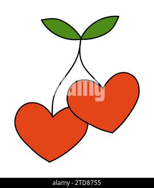 Cerises en forme de coeurs et de feuilles. Élément Saint-Valentin. Illustration vectorielle à plat. Illustration de Vecteur