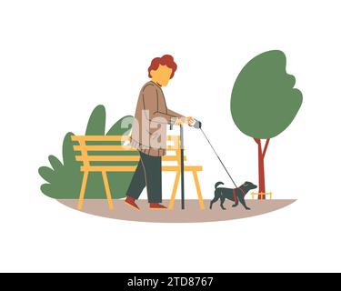 une femme promenant son chien dans le parc. Illustration vectorielle de style plat. Illustration de Vecteur