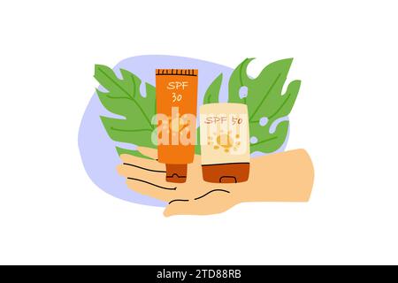 ensemble de fonds cosmétiques avec crème de protection solaire et bâton. Illustration vectorielle isolée, peut être utilisée pour le concept de beauté. Illustration de Vecteur