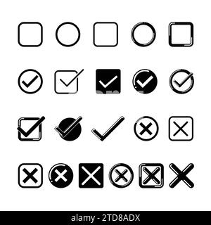 Jeu d'icônes de coche et de croix. Case à cocher, marque d'examen et marques de liste de contrôle. Vérifiez le croquis des signes, la marque de la liste de contrôle du vote ou la liste des tâches d'examen. Illustration de Vecteur