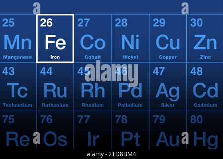 Elément en fer sur le tableau périodique. Métal de transition ferromagnétique, avec le symbole Fe du latin ferrum, et le numéro atomique 26. Banque D'Images