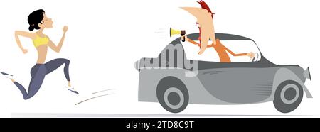 Entraîneur ou supporter avec mégaphone monte sur la voiture devant la femme qui court et le soutient. Isolé sur fond blanc Illustration de Vecteur
