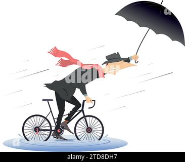 Jour pluvieux et venteux et l'homme monte un vélo. Homme avec parapluie monte un vélo à travers les flaques d'eau sous le vent fort et la pluie. Isolé sur blanc Illustration de Vecteur