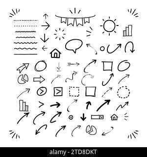 Doodle Swash Black Line Set dessiné à la main comprend Quote Bubbles, Circle, Square, Sun, Home, icône représentant une flèche, une étoile et un ensemble de symboles décoratifs étincelants. Illustration de Vecteur