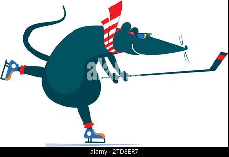 Mignon rat ou souris une illustration de joueur de hockey sur glace. Dessin animé rat mignon, souris ou opossum joue au hockey sur glace. Isolé sur fond blanc Illustration de Vecteur