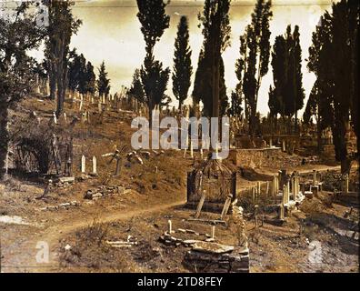 Constantinople (aujourd'hui Istanbul), Turquie Tombeaux et sanctuaires funéraires dans le cimetière de Eyüp, Habitat, Architecture, religion, nature, environnement, Tombeau, cimetière, architecture funéraire, Islam, végétation, botanique, Turquie, Eyoub, le cimetière, Istanbul, 01/09/1912 - 30/09/1912, Passet, Stéphane, photographe, 1912 - Turquie - Stéphane Passet - (septembre), Autochrome, photo, verre, Autochrome, photo, positif, horizontal, taille 9 x 12 cm Banque D'Images